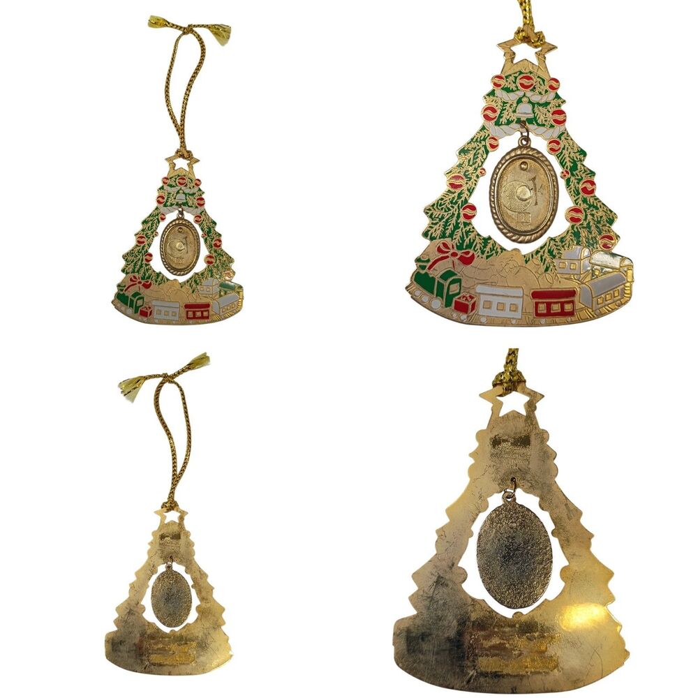 Vintage Christmas Tree Hanging Ornament Brass  Enamel Metal 4" 1994 Made In USA